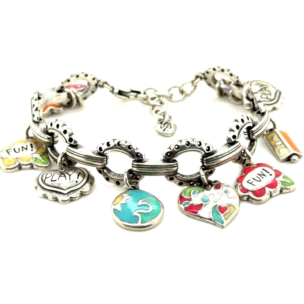 Brighton Fun Play Enameled Charm Bracelet Silver Tone Heart Flower Fish 7-8in